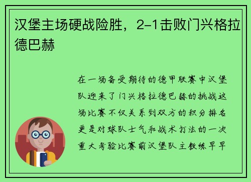 汉堡主场硬战险胜，2-1击败门兴格拉德巴赫