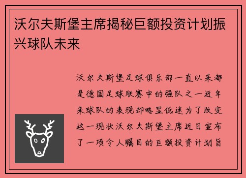 沃尔夫斯堡主席揭秘巨额投资计划振兴球队未来