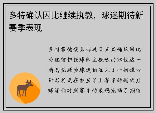 多特确认因比继续执教，球迷期待新赛季表现