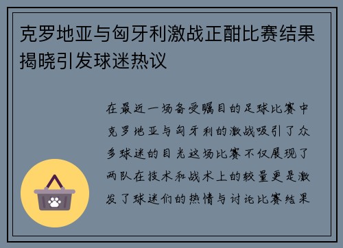克罗地亚与匈牙利激战正酣比赛结果揭晓引发球迷热议