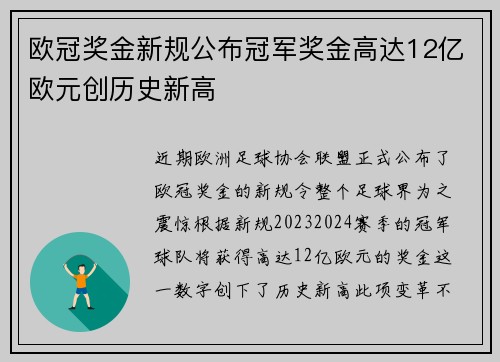 欧冠奖金新规公布冠军奖金高达12亿欧元创历史新高