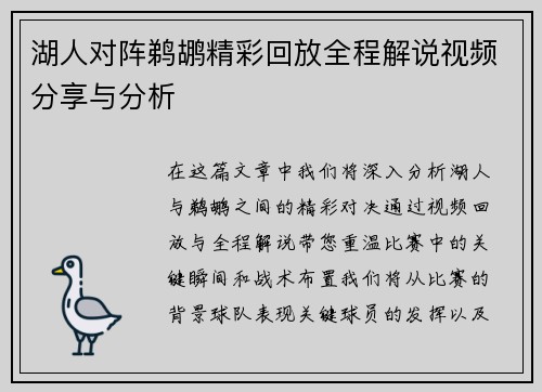 湖人对阵鹈鹕精彩回放全程解说视频分享与分析