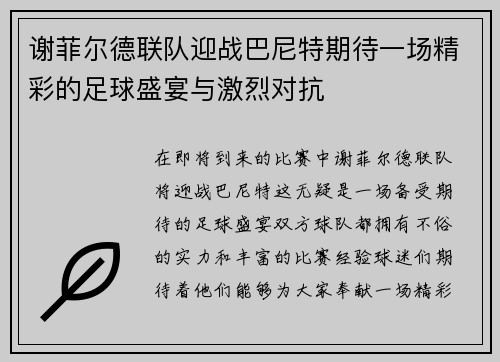 谢菲尔德联队迎战巴尼特期待一场精彩的足球盛宴与激烈对抗