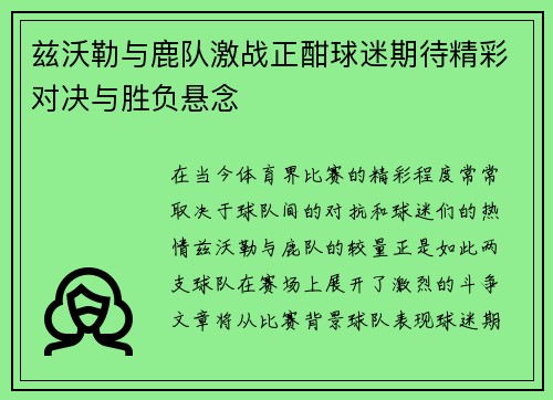 兹沃勒与鹿队激战正酣球迷期待精彩对决与胜负悬念