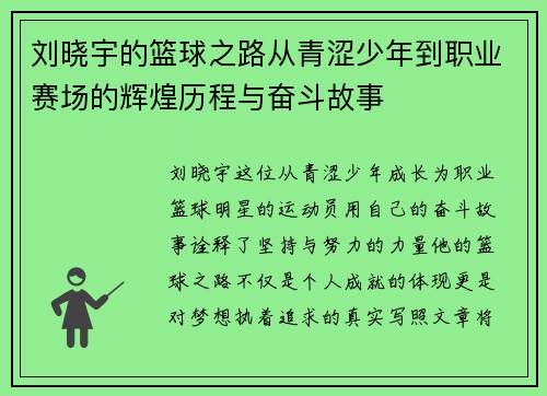 刘晓宇的篮球之路从青涩少年到职业赛场的辉煌历程与奋斗故事