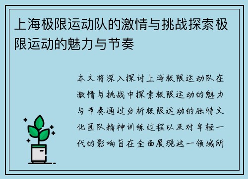 上海极限运动队的激情与挑战探索极限运动的魅力与节奏