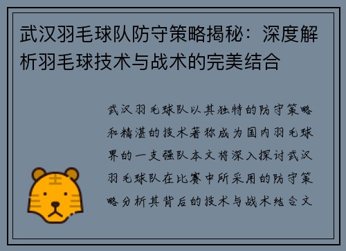武汉羽毛球队防守策略揭秘：深度解析羽毛球技术与战术的完美结合