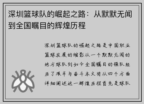 深圳篮球队的崛起之路：从默默无闻到全国瞩目的辉煌历程