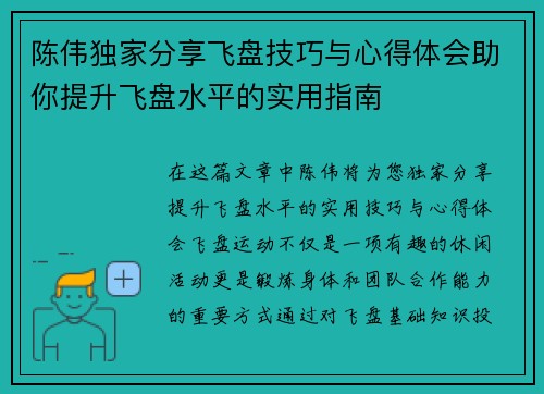 陈伟独家分享飞盘技巧与心得体会助你提升飞盘水平的实用指南