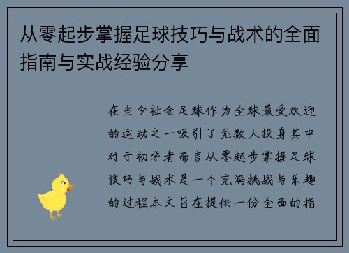 从零起步掌握足球技巧与战术的全面指南与实战经验分享